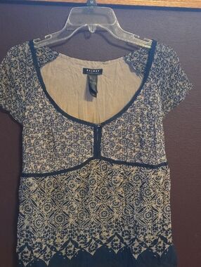 Axcess Navy and Cream Short-Sleeve Scoop Neck Printed Top